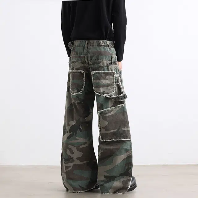 欧路得 设计感双裤腰迷彩裤男秋美式宽松做旧高街百搭痞帅个性裤子牛仔裤 男款