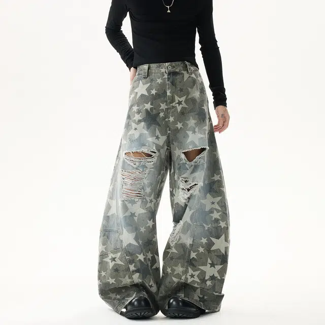 欧路得 美式星星满印破洞男秋高街设计感弯刀裤子复古宽松阔腿长裤牛仔裤 男款
