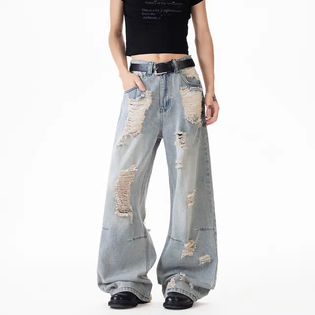 欧路得 小众高街设计感破洞弯刀男女夏季宽松显瘦休闲直筒拖地裤子牛仔裤 男款