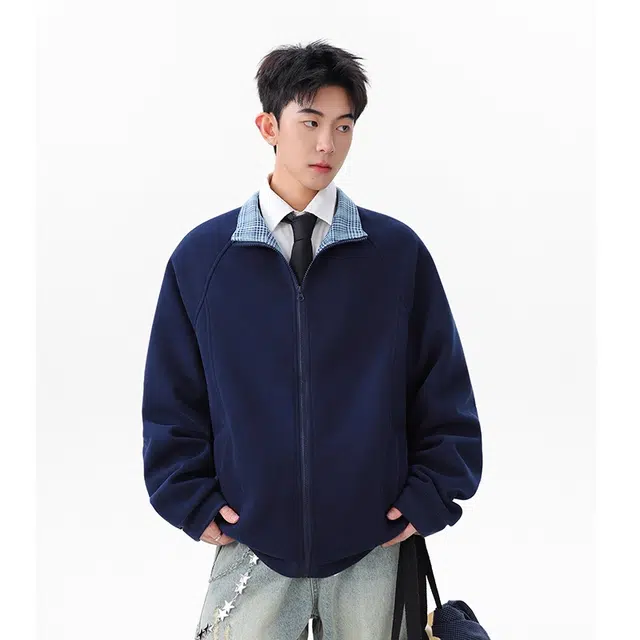 欧路得 格子内里运动风立领夹克外套男潮牌秋季美式宽松休闲拉链开衫卫衣 男款