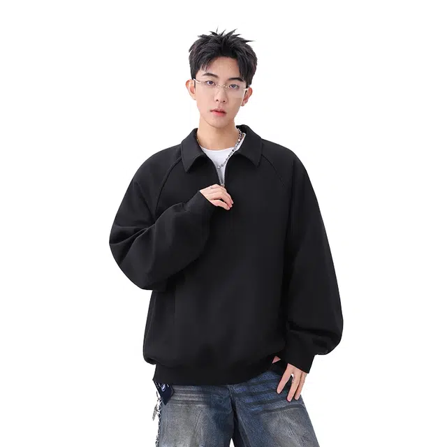 欧路得 欧路得 空气层结构分割半拉链男秋季美式重磅运动休闲宽松翻领套头衫卫衣 男款