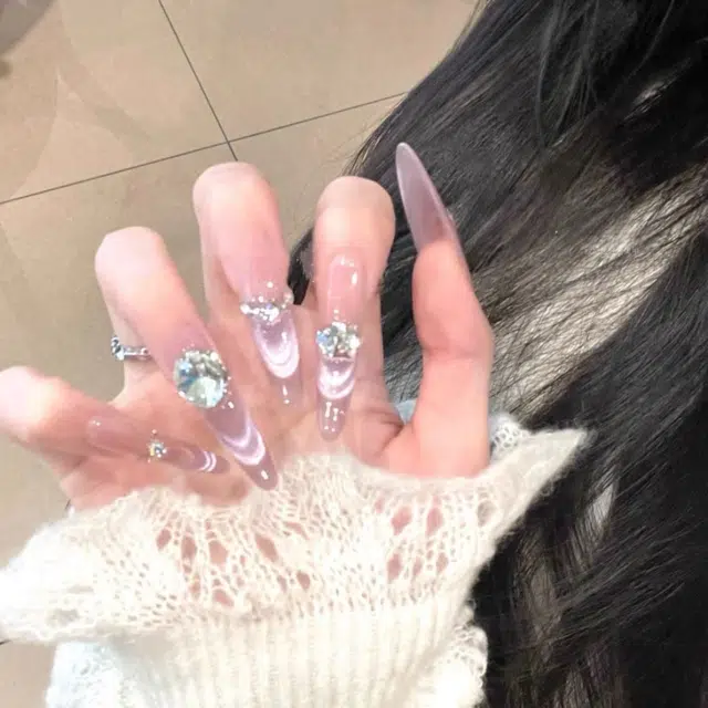 彩柚树 月光紫砂冰透猫眼纯手工美甲穿戴甲纯欲风气质显白  长款 紫色 渐变 法式