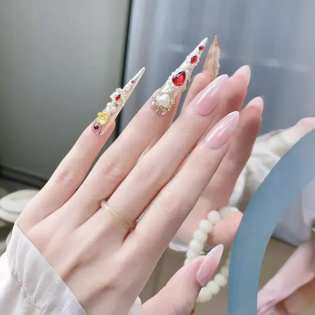 彩柚树 宫廷护甲  穿戴甲 长款粉色晕染 可爱