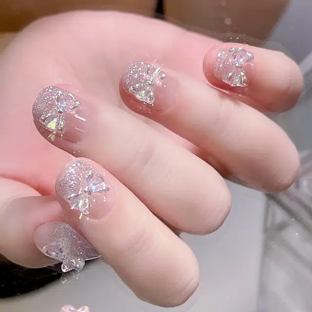 彩柚树 闪钻爆闪小清新仙女蝴蝶结  穿戴甲 中梯七彩色晕染 可爱