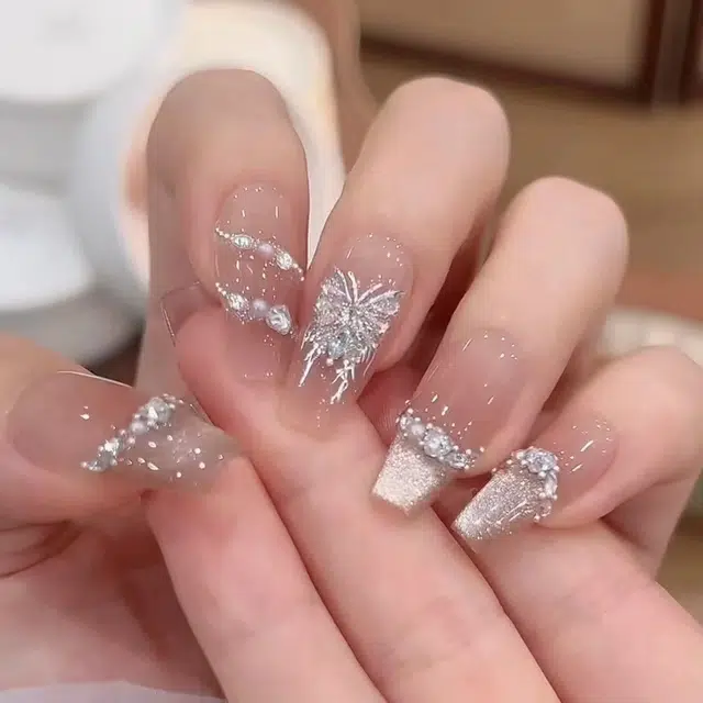 彩柚树 洛神歌赋纯手工光疗高级法式腮棕立体蝴蝶显白晶石猫眼  穿戴甲 中梯粉色晕染 可爱