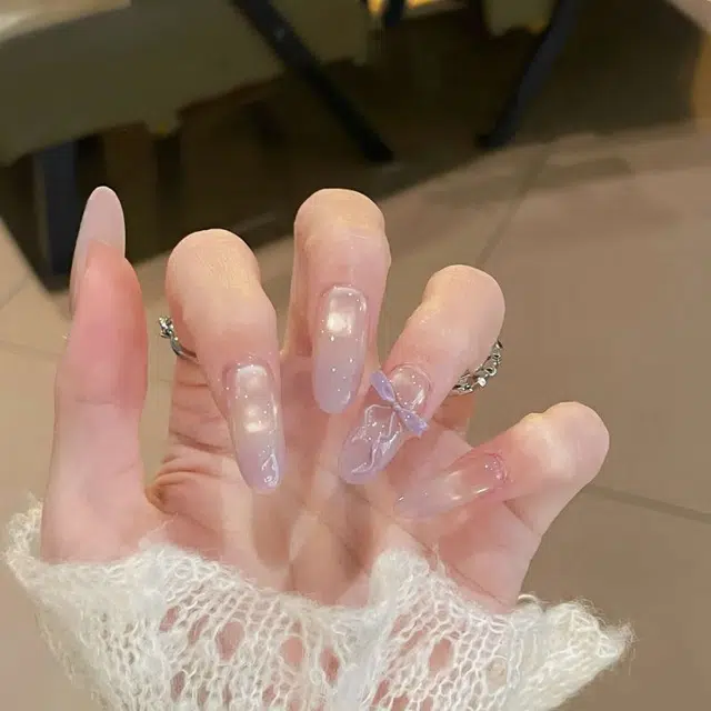柚予颜 猫眼美甲蝴蝶结设计高级感显白气质款追光玻璃珠穿戴甲  长款淡紫色渐变 纯欲