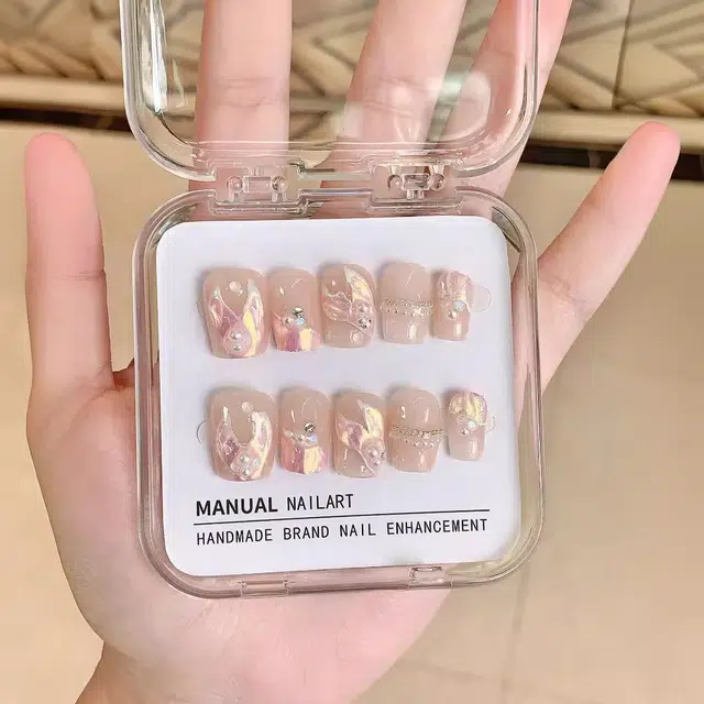 彩柚树 纯手工人鱼尾纯欲风  穿戴甲 短梯粉色晕染 可爱