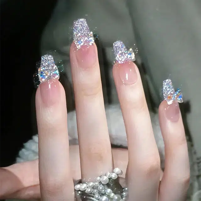 彩柚树 闪钻爆闪小清新仙女蝴蝶结  穿戴甲 中梯七彩色晕染 可爱