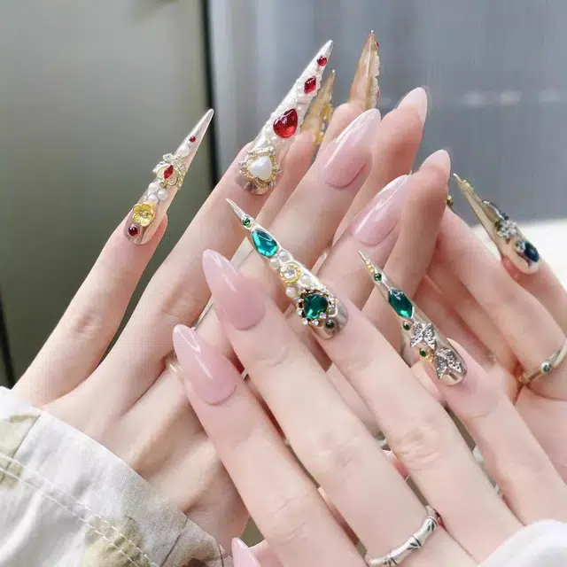 彩柚树 宫廷护甲  穿戴甲 长款粉色晕染 可爱