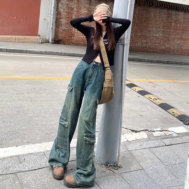 玉儿恋 美式复古宽松高腰直筒拉链牛仔裤 女款 深蓝色