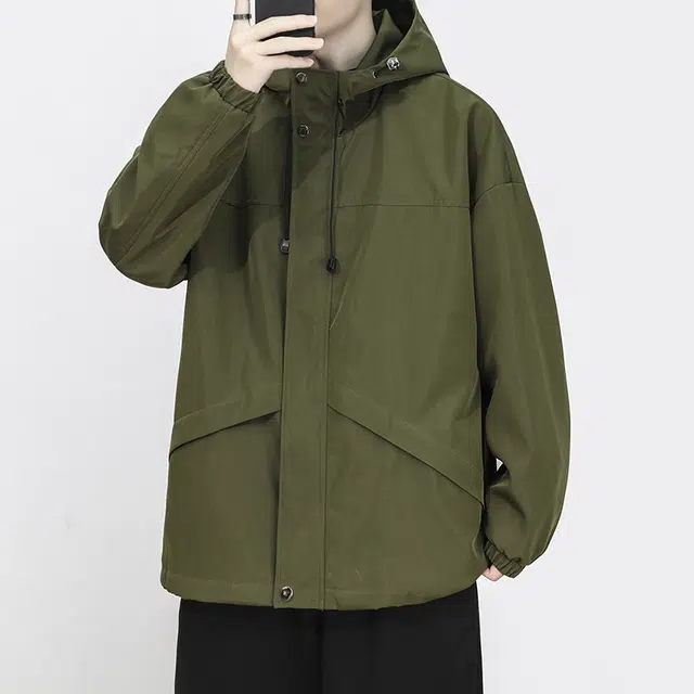 玉儿恋  美式户外休闲纯色连帽潮牌宽松拉链  防水冲锋衣 男款