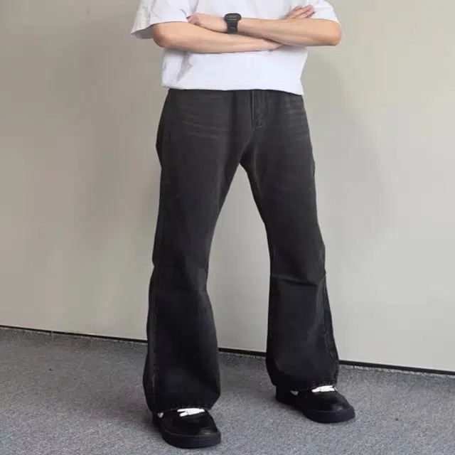 玉儿恋 美式复古街头水洗百搭微喇休闲牛仔裤 男女同款