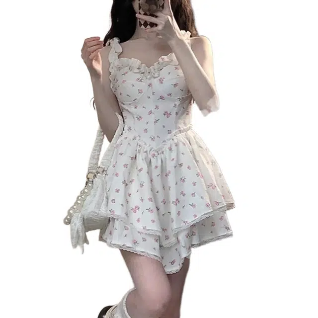 玉儿恋 法式高级感气质碎花吊带女装夏季公主蓬蓬裙收腰小个子短裙连衣裙 女款