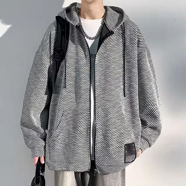 玉儿恋 学院风纯色连帽落肩条纹宽松休闲运动长袖夹克外套 男款 黑色