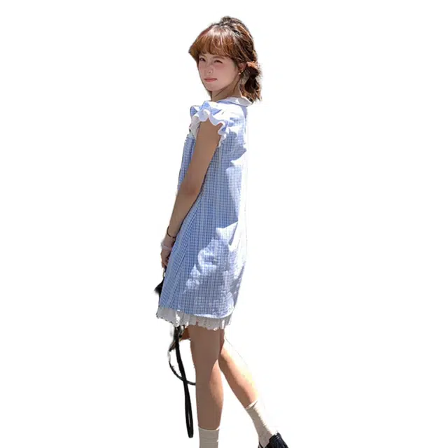 玉儿恋 小飞袖格子中长款时尚舒适短袖连衣裙 女款 蓝色