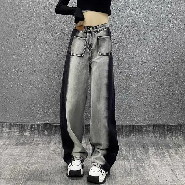 玉儿恋 美式高腰直筒高腰宽松牛仔裤 女款 黑灰色