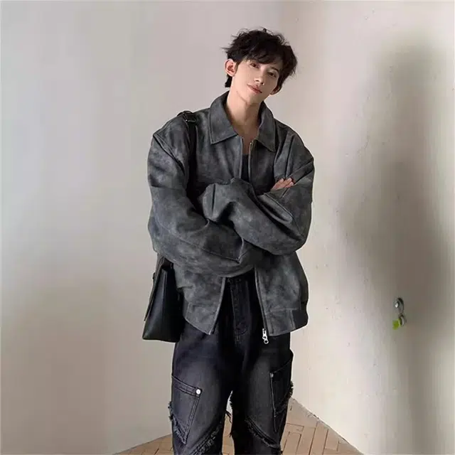 玉儿恋 美式复古做旧纯色翻领落肩宽松拉链夹克外套 男女同款 灰色