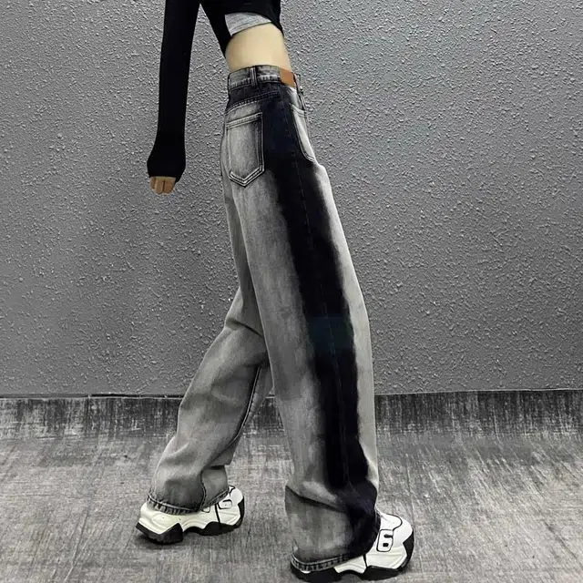玉儿恋 美式高腰直筒高腰宽松牛仔裤 女款 黑灰色