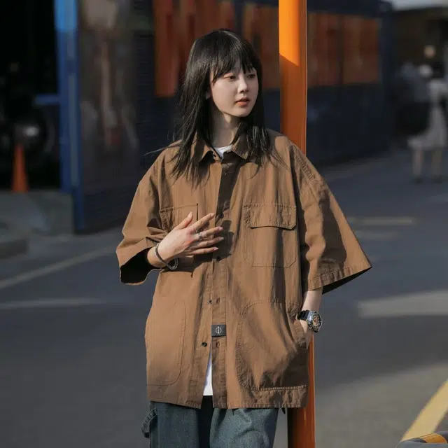 玉儿恋 户外日系复古潮流宽松休闲短袖衬衫 女款