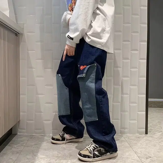 玉儿恋 宽松潮牌美式高街直筒牛仔裤 男款