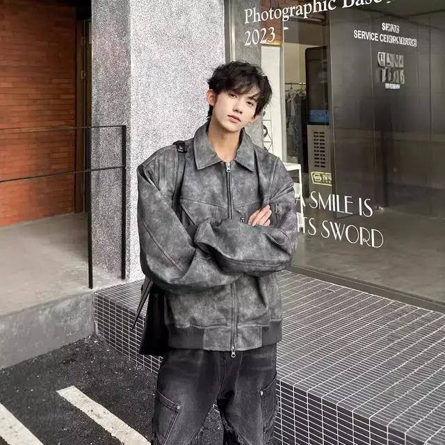 玉儿恋 美式复古做旧纯色翻领落肩宽松拉链夹克外套 男女同款 灰色