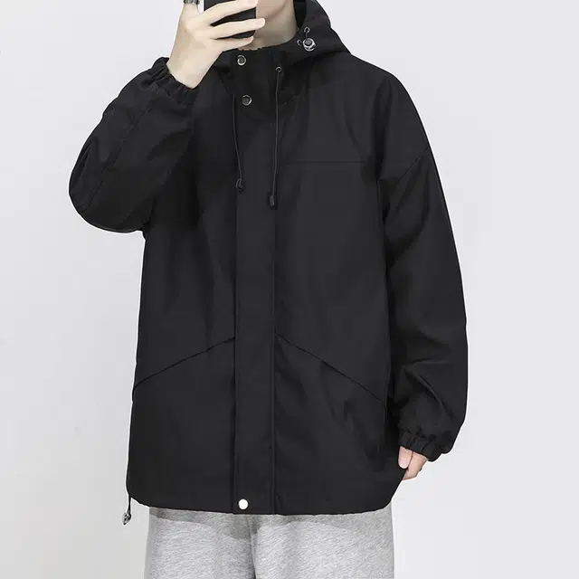 玉儿恋  美式户外休闲纯色连帽潮牌宽松拉链  防水冲锋衣 男款