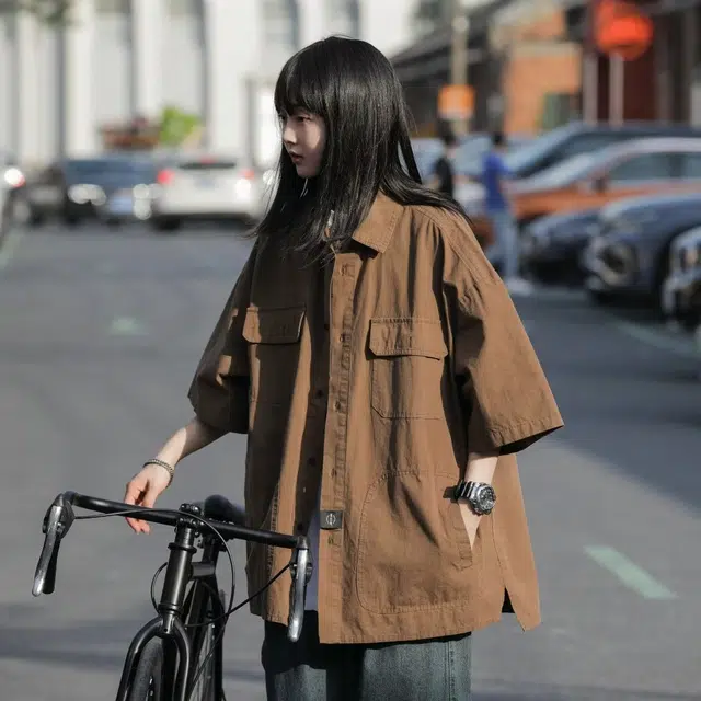 玉儿恋 户外日系复古潮流宽松休闲短袖衬衫 女款