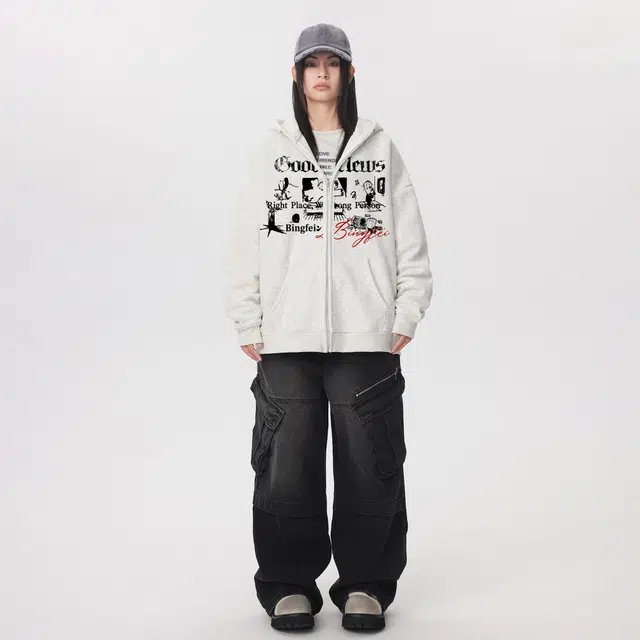 冰飞 美式复古高街荆棘字母印花基础款简约连帽开衫外套学生情侣日常宽松休闲百搭加绒加厚保暖卫衣 男女同款