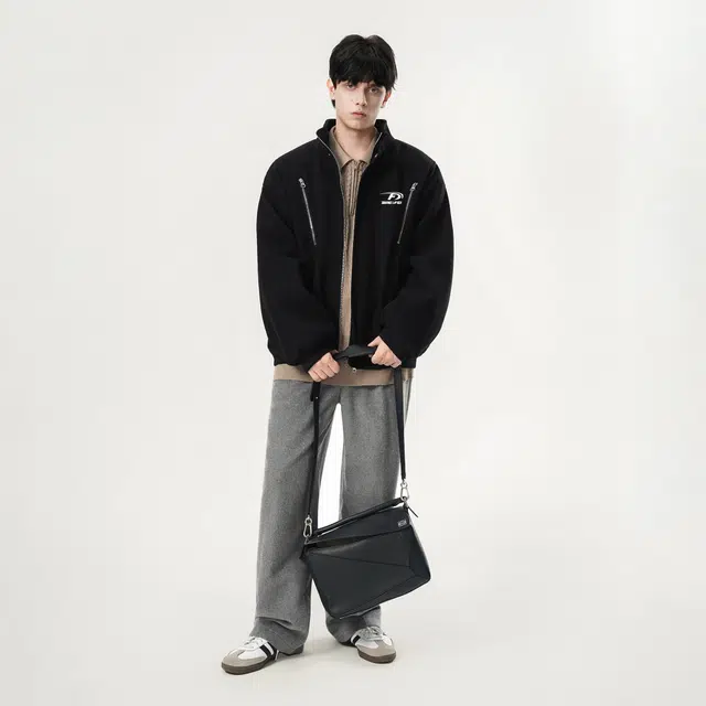 冰飞 美式高街不规则分割线小众设计侧边条纹码字母印花毛呢纽扣领口防风保暖休闲宽松立领厚款夹克 男女同款