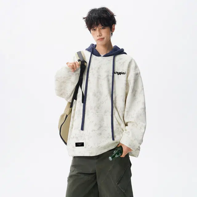 冰飞 美式高街撞色拼接宽松舒适字母大码套头上衣痞帅连帽外套潮流扎染学生党青少年无性别主义穿搭长袖卫衣 男女同款