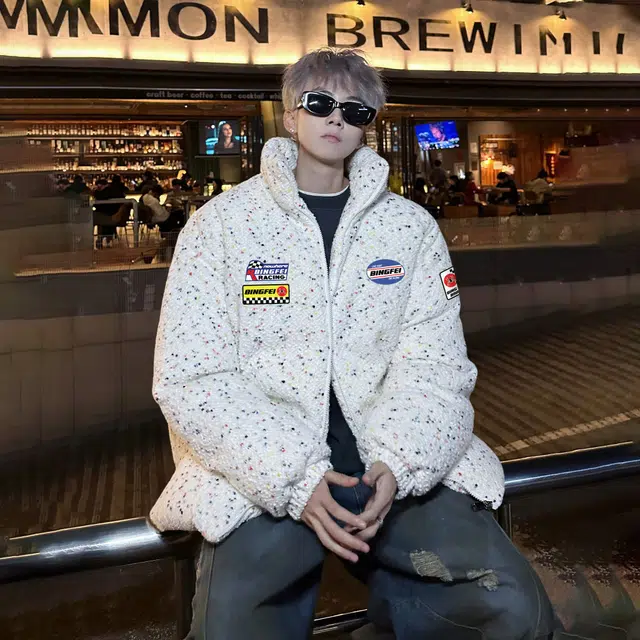 冰飞 学院风彩点点缀创意个性字母印花无性别主义户外运动休闲机车保暖波点面包棉衣外套宽松时尚立领拉链轻便棉服 男女同款