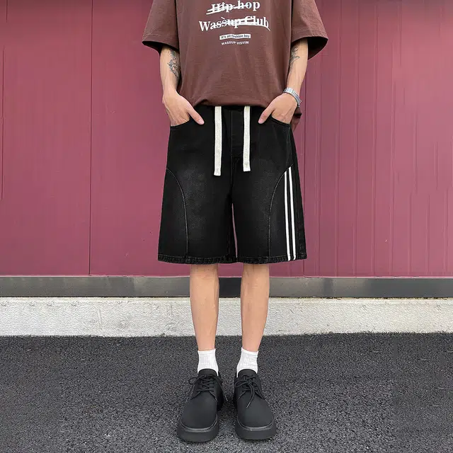 冰飞 美式复古时尚潮流个性条纹拼接设计高级感水洗宽松舒适百搭牛仔短裤 男女同款