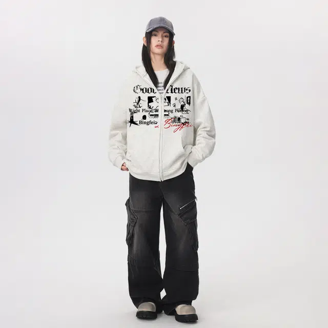 冰飞 美式复古高街荆棘字母印花基础款简约连帽开衫外套学生情侣日常宽松休闲百搭加绒加厚保暖卫衣 男女同款