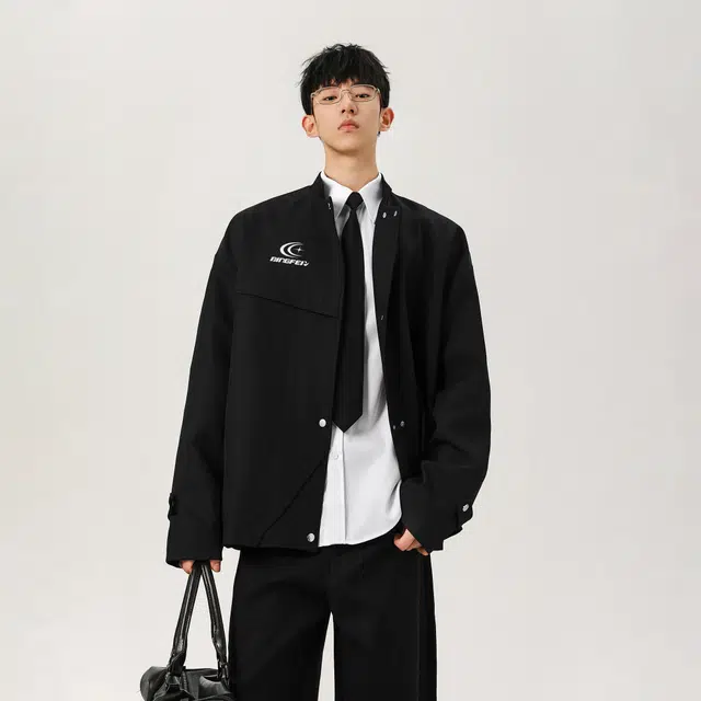 冰飞 美式复古高街拼接解构活页设计立领单排按扣中山装外套简约休闲宽松舒适百搭旅游通勤潮牌教练飞行员夹克 男女同款