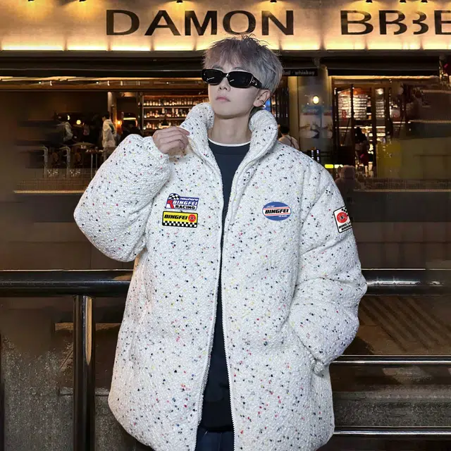 冰飞 学院风彩点点缀创意个性字母印花无性别主义户外运动休闲机车保暖波点面包棉衣外套宽松时尚立领拉链轻便棉服 男女同款