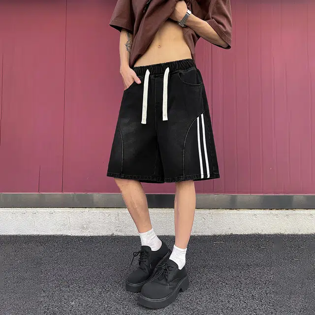 冰飞 美式复古时尚潮流个性条纹拼接设计高级感水洗宽松舒适百搭牛仔短裤 男女同款