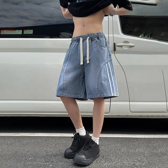 冰飞 美式复古时尚潮流个性条纹拼接设计高级感水洗宽松舒适百搭牛仔短裤 男女同款