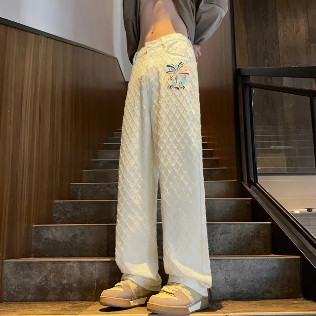 冰飞 美式嘻哈街头风彩虹字母刺绣菱形格纹立体感毛边高级感宽松直筒舒适百搭潮流拖地阔腿学院风休闲牛仔裤 男女同款