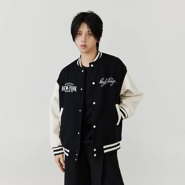 冰飞 美式复古学院风高级感创意手绘字母图案刺绣宽松休闲舒适拼接撞色飞行员夹克外套少年感穿搭潮牌潮流百搭棒球服 男女同款