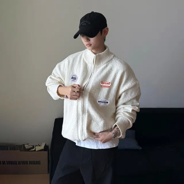 冰飞 秋冬高品质开衫外套美式懒惰风字母印花简约高级感潮牌双拉链软糯舒适毛衣韩系学院风休闲半高领长袖针织衫 男女同款