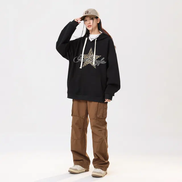 冰飞 美式时尚小众设计感百搭连帽慵懒风豹纹星星印花御寒保暖加绒加厚套头重磅上衣卫衣 男女同款