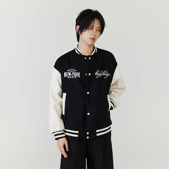 冰飞 美式复古学院风高级感创意手绘字母图案刺绣宽松休闲舒适拼接撞色飞行员夹克外套少年感穿搭潮牌潮流百搭棒球服 男女同款