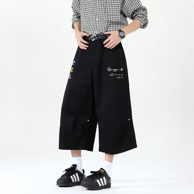 冰飞 美式高街复古休闲宽松舒适亲肤透气基础款设计感户外运动阔腿七分工装短裤 男女同款