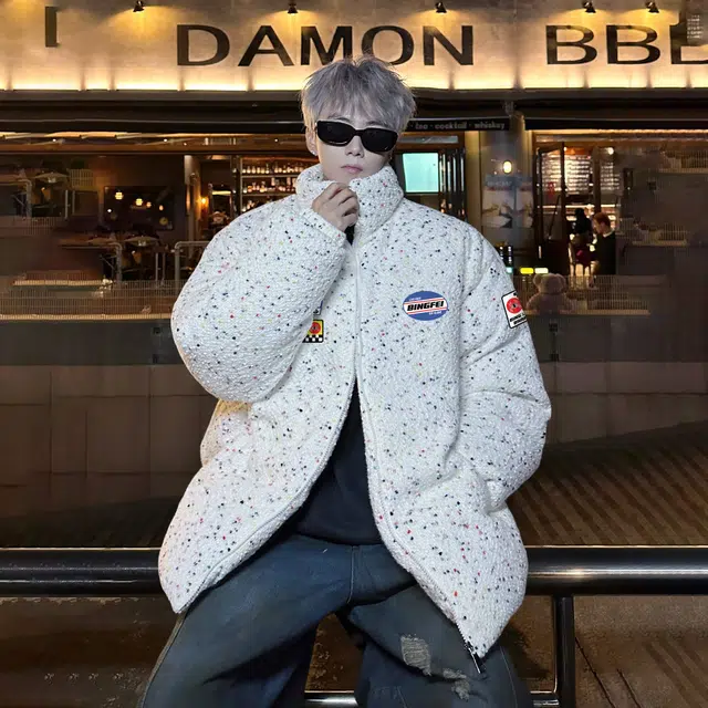 冰飞 学院风彩点点缀创意个性字母印花无性别主义户外运动休闲机车保暖波点面包棉衣外套宽松时尚立领拉链轻便棉服 男女同款