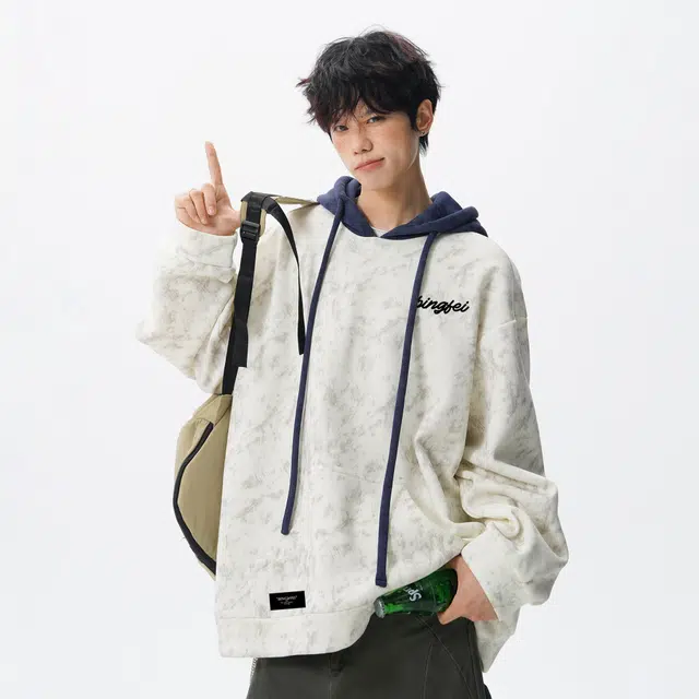 冰飞 美式高街撞色拼接宽松舒适字母大码套头上衣痞帅连帽外套潮流扎染学生党青少年无性别主义穿搭长袖卫衣 男女同款