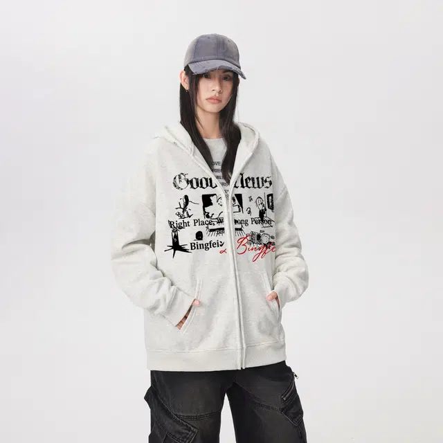 冰飞 美式复古高街荆棘字母印花基础款简约连帽开衫外套学生情侣日常宽松休闲百搭加绒加厚保暖卫衣 男女同款