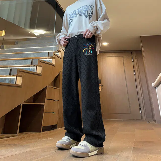 冰飞 美式嘻哈街头风彩虹字母刺绣菱形格纹立体感毛边高级感宽松直筒舒适百搭潮流拖地阔腿学院风休闲牛仔裤 男女同款