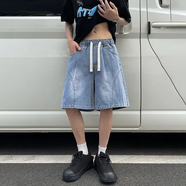 冰飞 美式复古时尚潮流个性条纹拼接设计高级感水洗宽松舒适百搭牛仔短裤 男女同款
