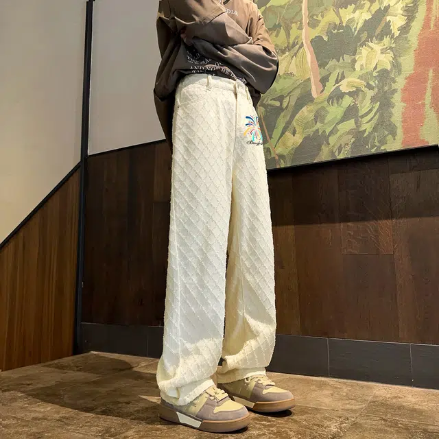 冰飞 美式嘻哈街头风彩虹字母刺绣菱形格纹立体感毛边高级感宽松直筒舒适百搭潮流拖地阔腿学院风休闲牛仔裤 男女同款