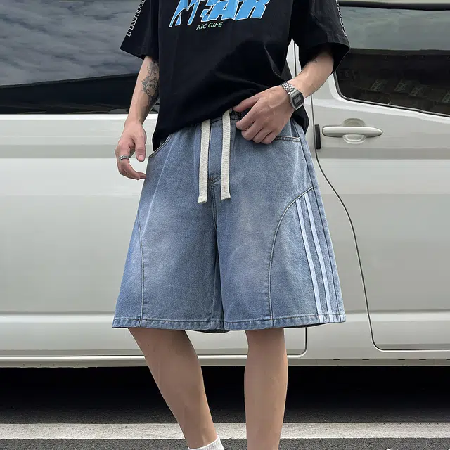 冰飞 美式复古时尚潮流个性条纹拼接设计高级感水洗宽松舒适百搭牛仔短裤 男女同款
